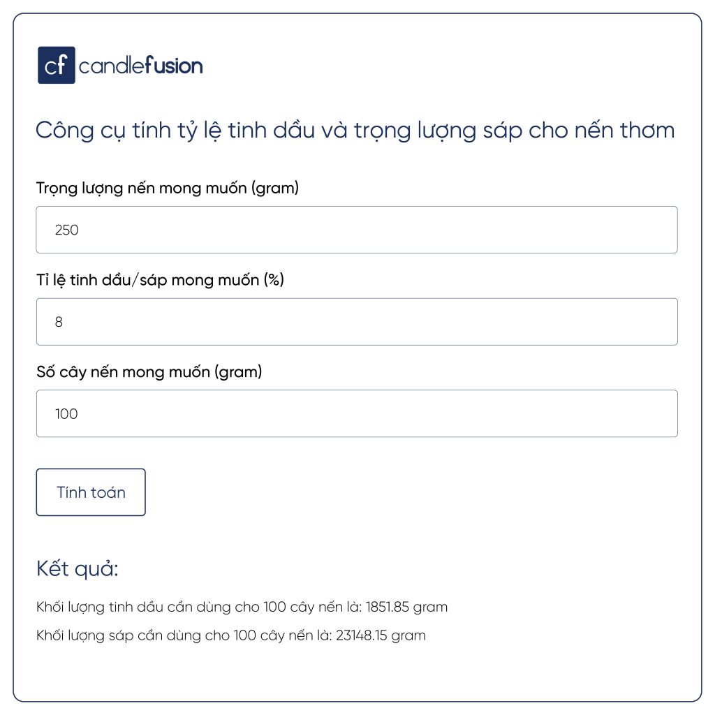 Công cụ tính tỷ lệ hương liệu, tỷ lệ tinh dầu và sáp dùng cho nến thơm